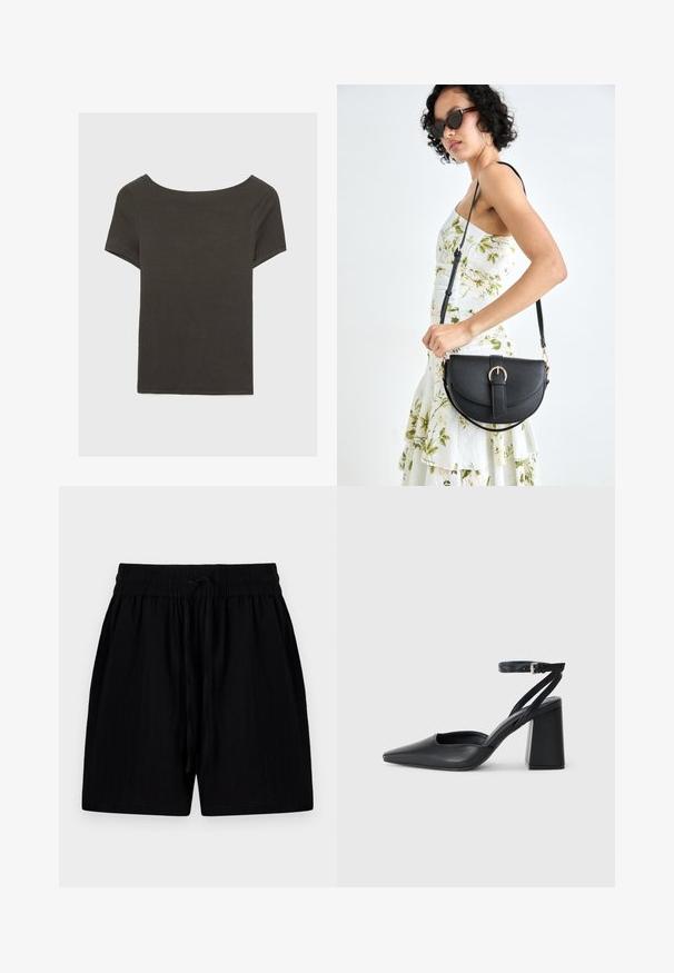 Dark grey short-sleeve top with a boat neckline. Made from ribbed fabric, featuring a relaxed fit and clean hemline. Simple design, no patterns.; Black shorts made of lightweight fabric with a drawstring waistband, featuring side pockets and a textured surface.; Black leather pointy-toe pump with an ankle strap and a chunky heel. Flat texture, sleek design, and minimalistic aesthetics.; Black leather handbag with a curved shape, detachable strap, and gold hardware. The bag features a flap with a buckle detail.