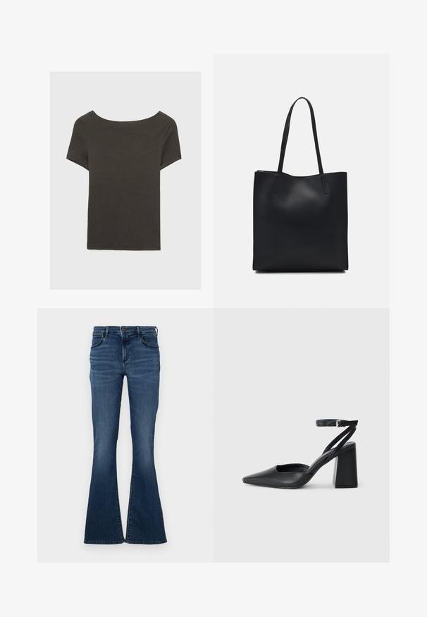 Dark grey short-sleeve top with a boat neckline. Made from ribbed fabric, featuring a relaxed fit and clean hemline. Simple design, no patterns.; Dark blue flared jeans featuring a five-pocket design, denim material, a waistband with a button closure, and subtle fading on the front.; Black leather pointy-toe pump with an ankle strap and a chunky heel. Flat texture, sleek design, and minimalistic aesthetics.; Black leather tote bag with smooth texture, rectangular shape, and two long handles. No visible hardware or embellishments.