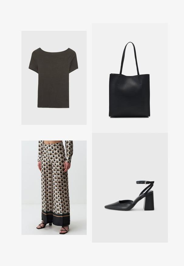 Donkergrijze top met korte mouwen en een bootnek. Gemaakt van ribbelstof, met een relaxte pasvorm en een nette zoom. Eenvoudig ontwerp, geen patronen.; Beige wijde broek met een zigzagpatroon in zwart en bruin, met een zwarte zoomaccent. Gemaakt van gladde, lichte stof.; Zwarte leren puntige pump met een enkelbandje en een chunky hak. Vlakke textuur, strakke vormgeving en minimalistische esthetiek.; Zwarte leren handtas met een gladde textuur, rechthoekige vorm en twee lange handvaten. Geen zichtbare hardware of versieringen.
