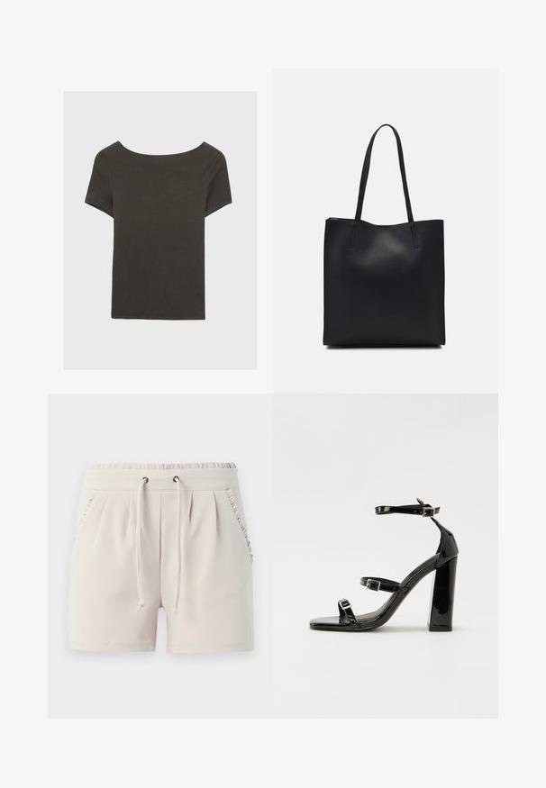 Tmavě šedý top s krátkým rukávem a lodičkovým výstřihem. Vyrobený z ribovaného materiálu, s volnějším střihem a čistým lemem. Jednoduchý design, bez vzorů.; Světle béžové šortky s elastickým pasem, šňůrkou na stažení, bočními kapsami a volánkovým detailem kolem okrajů kapes. Měkká textilní struktura.; Černé lakované sandály na podpatku se čtveratou špičkou, lýtkovými pásky a stříbrnými přezkami. Disponují masivním blokovým podpatkem pro stabilitu.; Černá kožená taška přes rameno s hladkým povrchem, obdélníkovým tvarem a dvěma dlouhými uchy. Žádné viditelné kování ani ozdoby.