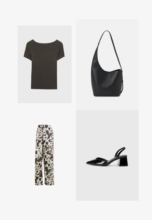 Czarna szara bluzka z krótkim rękawem i dekoltem w kształcie łódki. Wykonana z prążkowanej tkaniny, ma luźny krój i czyste wykończenie. Prosty design, bez wzorów.; adidas Originals - Spodnie treningowe; Czarne lakierowane półbuty na obcasie z wydłużonym noskiem i geometrycznym słupkiem. Charakteryzują się eleganckim, minimalistycznym designem oraz gładką fakturą.; Czarna skórzana torba hobo o gładkiej fakturze, zaokrąglonym kształcie i pojedynczym, regulowanym pasku; posiada szerokie otwarcie na górze.