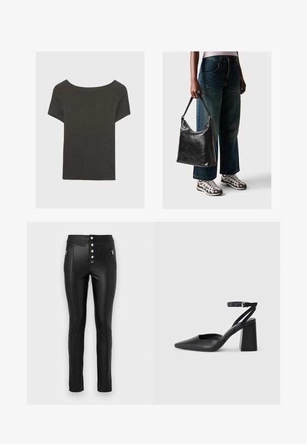 Tmavošedý top s krátkym rukávom a lodičkovým výstrihom. Vyrobený z rebrovanej látky, s voľným strihom a čistým lemovaním. Jednoduchý dizajn, bez vzorov.; Čierne nohavice z imitácie kože s vysokým pásom, piatimi kovovými gombíkmi, zipsovými bočnými vreckami a priliehavým strihom. Obsahujú viditeľné švy.; Čierne kožené lodičky s špicatou špičkou a členkovým remienkom, s masívnym podpätkom. Hladký povrch, elegantný dizajn a minimalistická estetika.; Čierna kožená taška cez rameno s hladkou textúrou a nastaviteľným popruhom, skombinovaná s vyblednutými širokými džínsy a športovými teniskami.