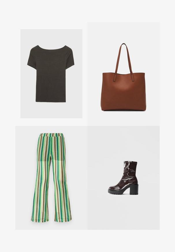 Tmavošedý top s krátkym rukávom a lodičkovým výstrihom. Vyrobený z rebrovanej látky, s voľným strihom a čistým lemovaním. Jednoduchý dizajn, bez vzorov.; Pletené rozšírené nohavice s cik-cak vzorom v odtieňoch zelenej, hnedej a krémovej; elastický pás; textúrovaný povrch.; Lesklé burgundské kotníkové boty s robustním černým podpatkem, s hladkou strukturou a jednoduchým designem. Bez viditelných zapínání nebo vzorů.; Hnedá kožená taška na rameno s hladkou textúrou, otvoreným vrchom a dvoma ramenými popruhmi. Má minimálne šitia a žiadne viditeľné kovania.