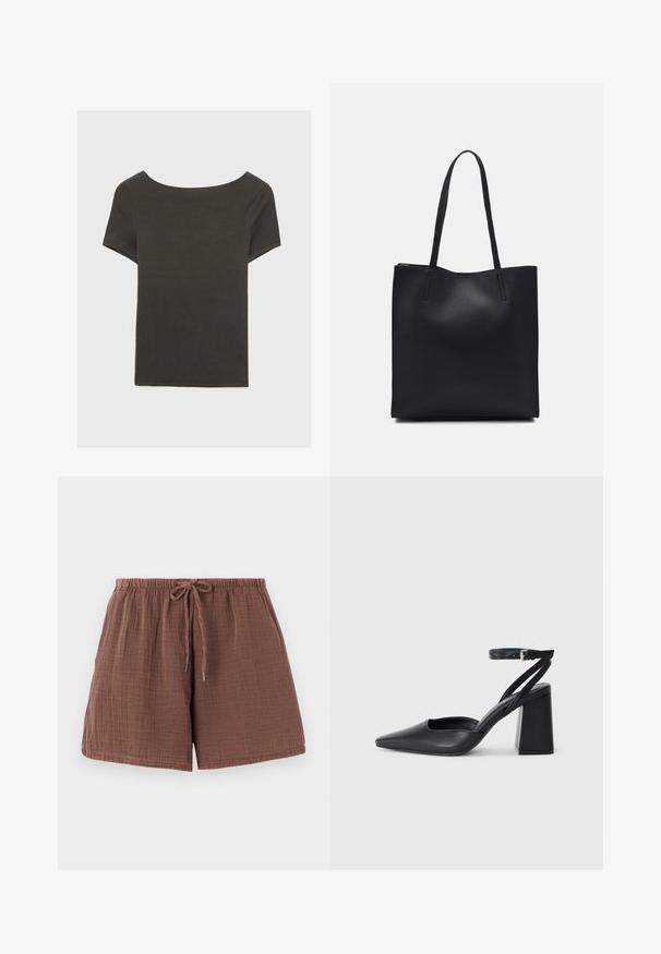 Haut à manches courtes gris foncé avec un col bateau. Fabriqué en tissu côtelé, il présente une coupe décontractée et un ourlet propre. Design simple, sans motifs.; Shorts en coton marron avec une finition texturée et froissée, une taille élastique et un cordon de serrage. Longueur mi-cuisse avec une coupe décontractée.; Escarpin noir en cuir à bout pointu avec une bride de cheville et un talon épais. Texture lisse, design élégant et esthétique minimaliste.; Sac fourre-tout en cuir noir avec une texture lisse, de forme rectangulaire et deux longues poignées. Pas de matériel ou d'ornementations visibles.