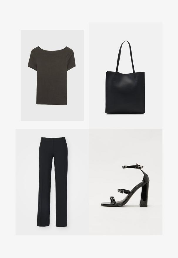 Dark grey short-sleeve top with a boat neckline. Made from ribbed fabric, featuring a relaxed fit and clean hemline. Simple design, no patterns.; Weekday KEEL LOW SUITING - Trousers - black; Black patent heeled sandals with a square toe, ankle straps, and silver buckles. Features a chunky block heel for stability.; Black leather tote bag with smooth texture, rectangular shape, and two long handles. No visible hardware or embellishments.