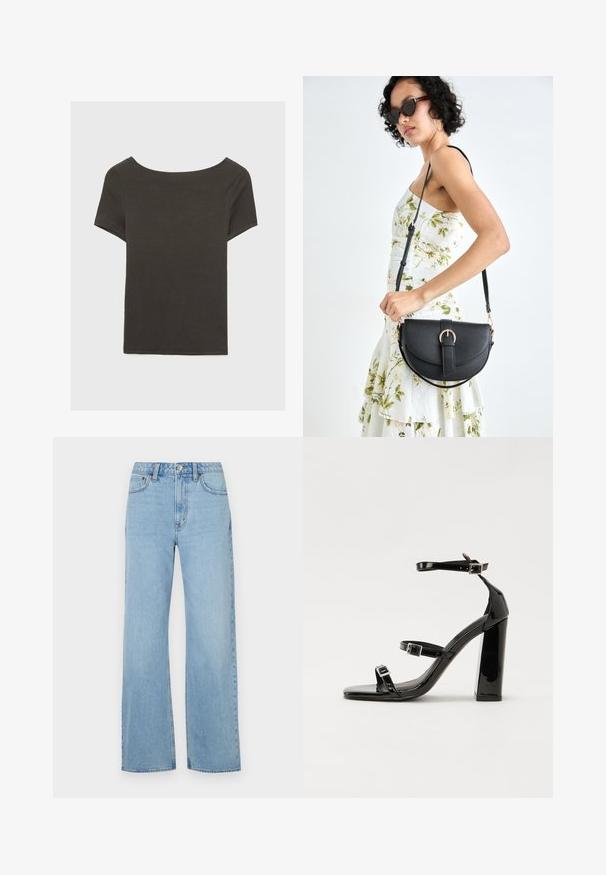 Top corto grigio scuro con scollatura a barca. Realizzato in tessuto a costine, presenta una vestibilità rilassata e un orlo pulito. Design semplice, senza motivi.; Abercrombie & Fitch Curve Love High Rise 90s Relaxed Jean - Wide Leg - med/light; Sandali con tacco in vernice nera, con punta squadrata, cinturini alla caviglia e fibbie in argento. Presentano un tacco a blocco spesso per maggiore stabilità.; Borsa a tracolla nera in pelle con una forma curva, manico rimovibile e accessori dorati. La borsa presenta una patta con un dettaglio a fibbia.