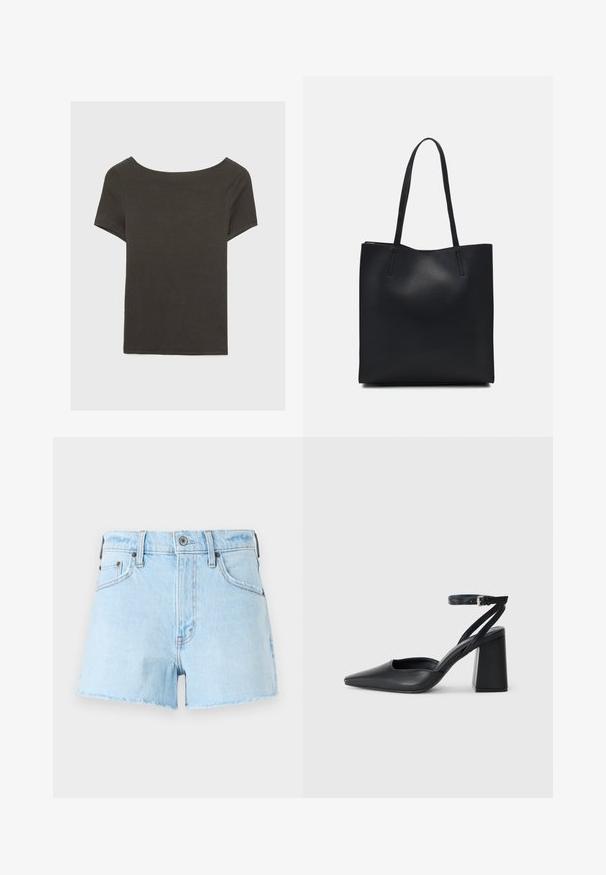 Top corto grigio scuro con scollatura a barca. Realizzato in tessuto a costine, presenta una vestibilità rilassata e un orlo pulito. Design semplice, senza motivi.; Shorts in denim azzurro chiaro con orlo sfilacciato, dotati di cinque tasche, chiusura con bottone e dettagli cuciti lungo le cuciture.; Pump in pelle nera con punta affusolata, cinturino alla caviglia e tacco spesso. Texture piatta, design elegante ed estetica minimalista.; Borsa tote in pelle nera con texture liscia, forma rettangolare e due manici lunghi. Nessun hardware o decorazione visibile.