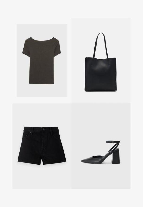 Dunkelgraues Kurzarmoberteil mit Bootsausschnitt. Hergestellt aus geripptem Stoff, mit lockerer Passform und sauberem Saum. Einfaches Design, ohne Muster.; Schwarze Denim-Shorts mit hoher Taille, Five-Pocket-Design, Knopfverschluss und einem klaren, unauffälligen Finish ohne Verzierungen.; Schwarze Leder-Pumps mit spitzer Zehe, einem Knöchelriemen und einem blockigen Absatz. Flache Textur, elegantes Design und minimalistische Ästhetik.; Schwarze Laptoptasche aus Leder mit glatter Textur, rechteckiger Form und zwei langen Griffen. Keine sichtbaren Beschläge oder Verzierungen.