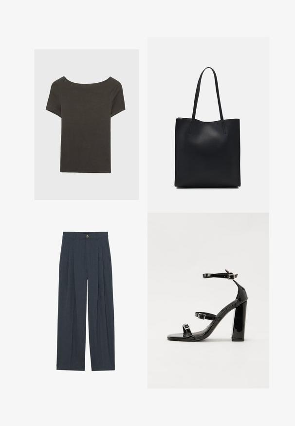 Tmavošedý top s krátkym rukávom a lodičkovým výstrihom. Vyrobený z rebrovanej látky, s voľným strihom a čistým lemovaním. Jednoduchý dizajn, bez vzorov.; Široké nohavice vyrobené z textúrovaného tmavosivého materiálu, so záhybmi vpredu, zapínaním na gombík a bočnými vreckami pre zvýšenú funkčnosť.; Čierne lakované sandále na podpätku so štvorcovou špičkou, navlečenými remienkami okolo členku a striebornými prackami. Disponujú masívnym blokovým podpätkom pre stabilitu.; Čierna kožená taška na rameno s hladkým povrchom, obdĺžnikovým tvarom a dvoma dlhými uchami. Bez viditeľného kovania alebo ozdôb.