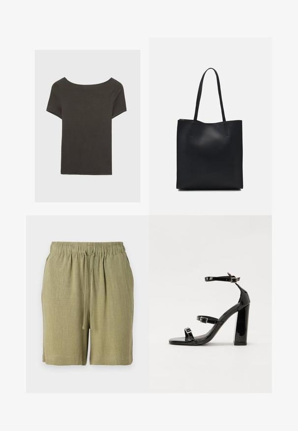 Top corto grigio scuro con scollatura a barca. Realizzato in tessuto a costine, presenta una vestibilità rilassata e un orlo pulito. Design semplice, senza motivi.; Shorts verde oliva realizzati in un tessuto testurizzato e traspirante. Dotati di una vita elasticizzata e di un cordoncino per una vestibilità regolabile.; Sandali con tacco in vernice nera, con punta squadrata, cinturini alla caviglia e fibbie in argento. Presentano un tacco a blocco spesso per maggiore stabilità.; Borsa tote in pelle nera con texture liscia, forma rettangolare e due manici lunghi. Nessun hardware o decorazione visibile.