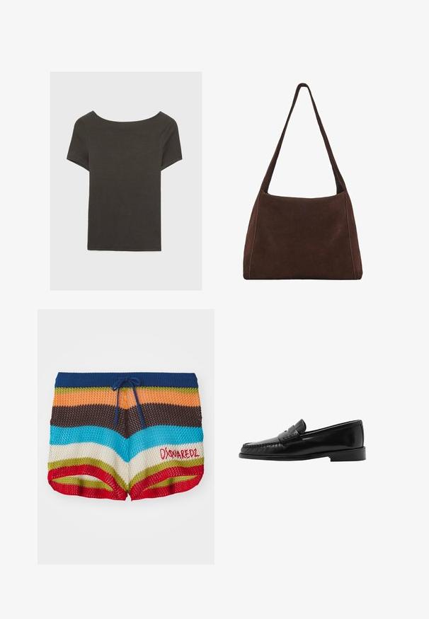 Donkergrijze top met korte mouwen en een bootnek. Gemaakt van ribbelstof, met een relaxte pasvorm en een nette zoom. Eenvoudig ontwerp, geen patronen.; Gebreide shorts met horizontale strepen in blauw, oranje, bruin, turquoise, crème, groen en rood, met een marineblauwe trekkoord en een rode "Dsquared2" logo.; Zwarte leren loafer met een gebogen silhouet, decoratieve band, gestructureerde stitching en een platte rubberen zool. Glad afwerking en slank ontwerp.; Bruine suède schoudertas met een slouchy vorm, enkele brede strap en een eenvoudig ontwerp. Bevat zichtbare stiksels langs de randen.