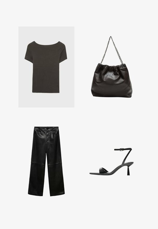 Temno siva kratka majica s čolnasto izrezom. Narejena iz rebraste tkanine, ki ima sproščen kroj in čist rob. Preprost dizajn, brez vzorcev.; Črne hlače iz umetnega usnja s širokimi nogavicami, sprednjim gumbom za zapiranje, dvema stranskima žeškama in kontrastnimi teksturiranimi paneli na spodnjem delu nogavic.; Bershka Sandali z visoko peto - black; Rjava usnjena torba z nabranim vrhom in verižnim trakom. Gladka tekstura z sijajno površino in subtilnimi šivi na straneh.