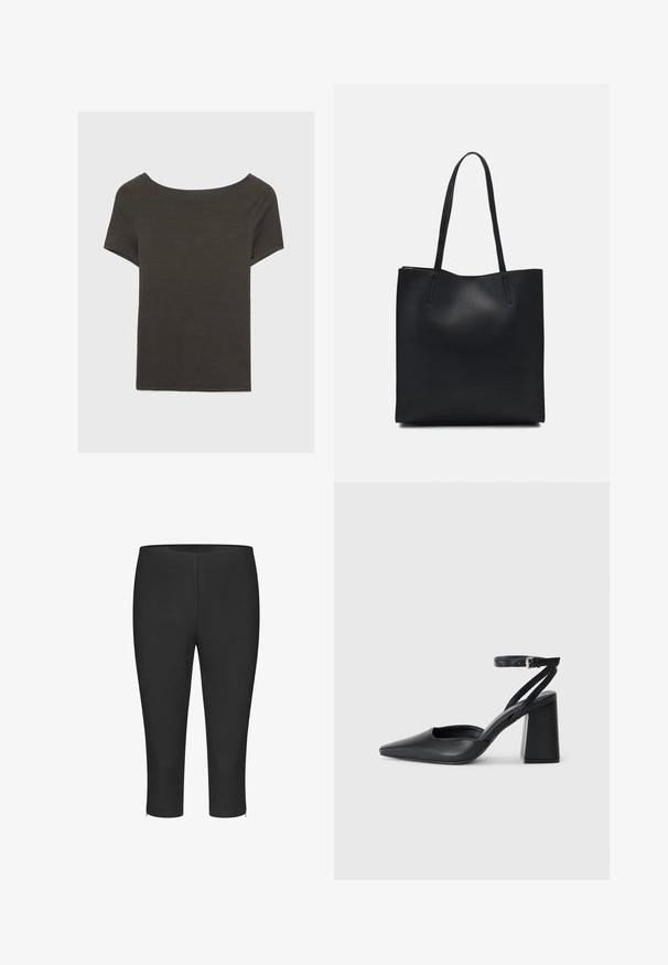 Temno siva kratka majica s čolnasto izrezom. Narejena iz rebraste tkanine, ki ima sproščen kroj in čist rob. Preprost dizajn, brez vzorcev.; Črne skrajšane legice, narejene iz raztegljivega materiala, z gladko površino in stranskimi zadrgami na robu za dodatno funkcionalnost.; Črne usnjene klasične čevlje z ostrim nosom, z zaponko za gleženj in debelim peto. Ravna tekstura, eleganten dizajn in minimalistična estetika.; Črna usnjena torba s svilnato teksturo, pravokotne oblike in dvema dolgima ročajema. Brez vidnih metalnih delov ali okrasnih elementov.