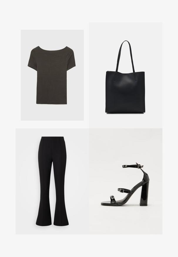 Dunkelgraues Kurzarmoberteil mit Bootsausschnitt. Hergestellt aus geripptem Stoff, mit lockerer Passform und sauberem Saum. Einfaches Design, ohne Muster.; Schwarze, ausgestellte Hosen aus elastischem Stoff, mit glatter Textur, hohem Bund und Nahtdetails an der Vorderseite.; Schwarze patentierte Sandalen mit Absatz, quadratischer Spitze, Knöchelriemen und silbernen Schnallen. Mit einem stabilen Blockabsatz für mehr Stabilität.; Schwarze Laptoptasche aus Leder mit glatter Textur, rechteckiger Form und zwei langen Griffen. Keine sichtbaren Beschläge oder Verzierungen.