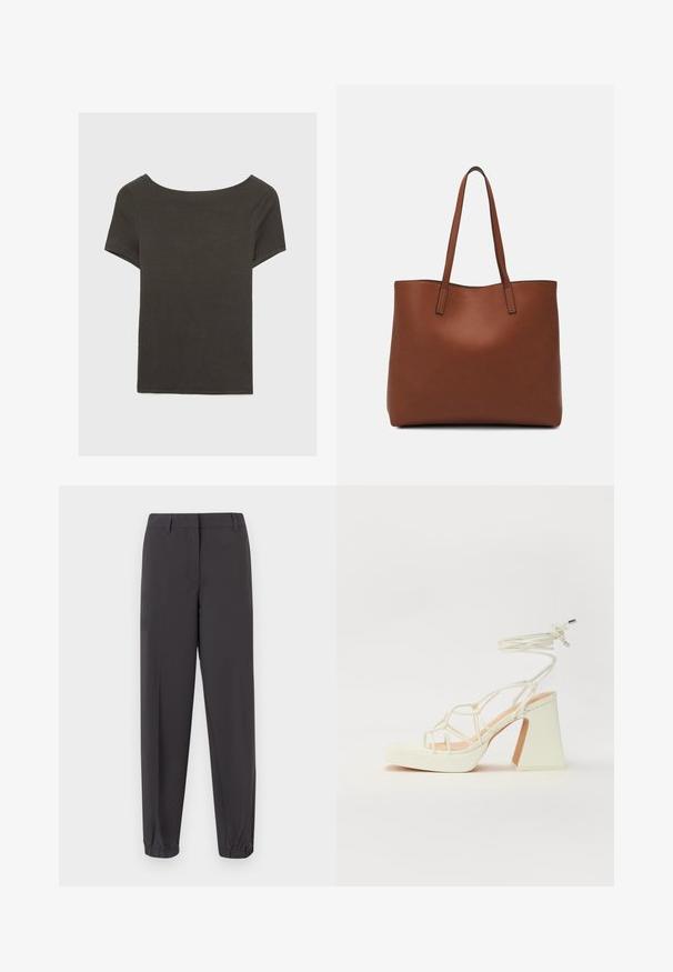 Czarna szara bluzka z krótkim rękawem i dekoltem w kształcie łódki. Wykonana z prążkowanej tkaniny, ma luźny krój i czyste wykończenie. Prosty design, bez wzorów.; Ciemnoszare spodnie wykonane z gładkiego materiału, o zwężanym kroju, elastycznych mankietach oraz przednich kieszeniach o wyrafinowanym wykończeniu.; Biała sandał na wysokim obcasie z masywnym słupkiem, z paskowym wzorem i wiązaniem przy kostce. Gładka faktura z platformą z przodu dla dodatkowej wysokości.; Brązowa skórzana torba tote o gładkiej fakturze, z otwartym wierzchem i dwoma ramiączkami. Charakteryzuje się minimalnym przeszyciem i brakiem widocznych elementów metalowych.