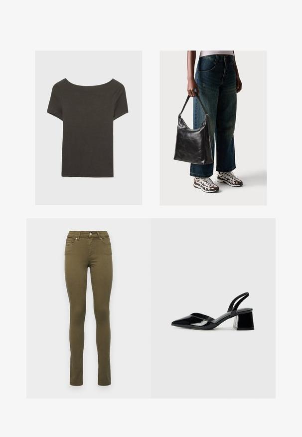 Dunkelgraues Kurzarmoberteil mit Bootsausschnitt. Hergestellt aus geripptem Stoff, mit lockerer Passform und sauberem Saum. Einfaches Design, ohne Muster.; Olivgrüne Slim-Fit-Jeans aus Baumwollmischung mit normaler Leibhöhe, fünf Taschen und dezenten Nähten entlang der Säume.; Schwarze Lackleder-Slingback-High Heels mit spitzem Schuh und einem geometrischen Blockabsatz. Verfügt über ein schlankes, minimalistisches Design und eine glatte Textur.; Schwarze Leder-Schultertasche mit glatter Textur und verstellbarem Riemen, kombiniert mit ausgewaschenen weit geschnittenen Jeans und sportlichen Sneakern.