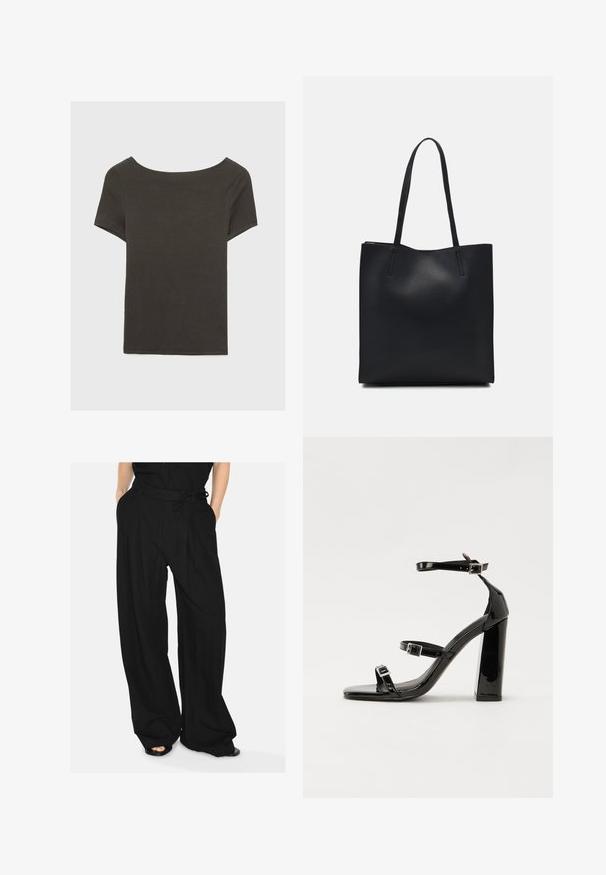 Mørkegrå kortærmet top med bådudskæring. Lavet af ribbet stof, med en afslappet pasform og en ren kant. Enkelt design, ingen mønstre.; Sorte vide benbukser lavet af et let stof. Har en tætsiddende talje med et bundet bælte og forsigtige læg for ekstra detaljer.; Sorte patenterede hælsandaler med firkantet tå, ankelremme og sølvspænder. Har en chunky blokHæl for stabilitet.; Sort læder tote taske med glat tekstur, rektangulær form og to lange hanke. Ingen synlig hardware eller udsmykninger.