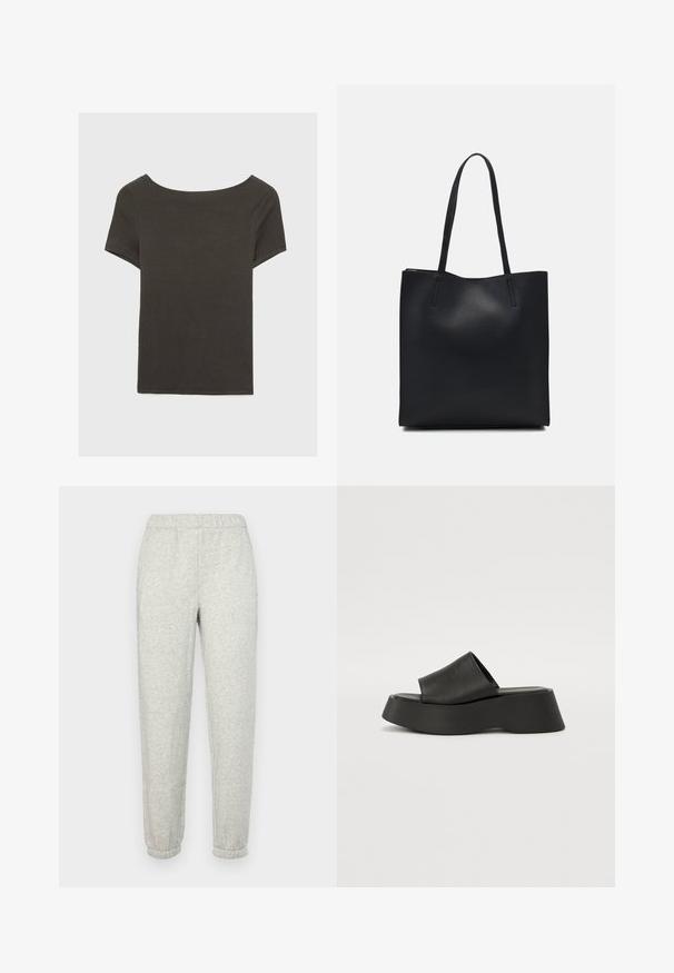 Tmavošedý top s krátkym rukávom a lodičkovým výstrihom. Vyrobený z rebrovanej látky, s voľným strihom a čistým lemovaním. Jednoduchý dizajn, bez vzorov.; GAP Tepláky - heather grey; Čierne platformové sandále s širokým remienkom a hrubou podrážkou. Vyrobené z hladkého materiálu s matným povrchom a bez viditeľných kovových prvkov.; Čierna kožená taška na rameno s hladkým povrchom, obdĺžnikovým tvarom a dvoma dlhými uchami. Bez viditeľného kovania alebo ozdôb.