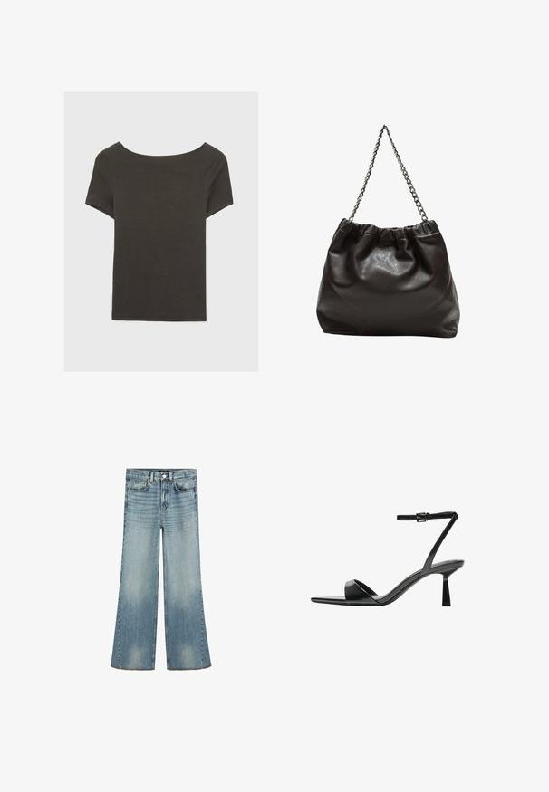 Mörkgrå kortärmad topp med båthals. Tillverkad av ribbad tyg, med avslappnad passform och ren fåll. Enkelt design, inga mönster.; Massimo Dutti FLARED HIGH-WAIST - Flared jeans - light blue; Bershka Sandaletter - black; Brun läderväska med rynkad topp och kedjesnodd. Slät textur med en blankslipad yta och subtila sömdetaljer på sidorna.
