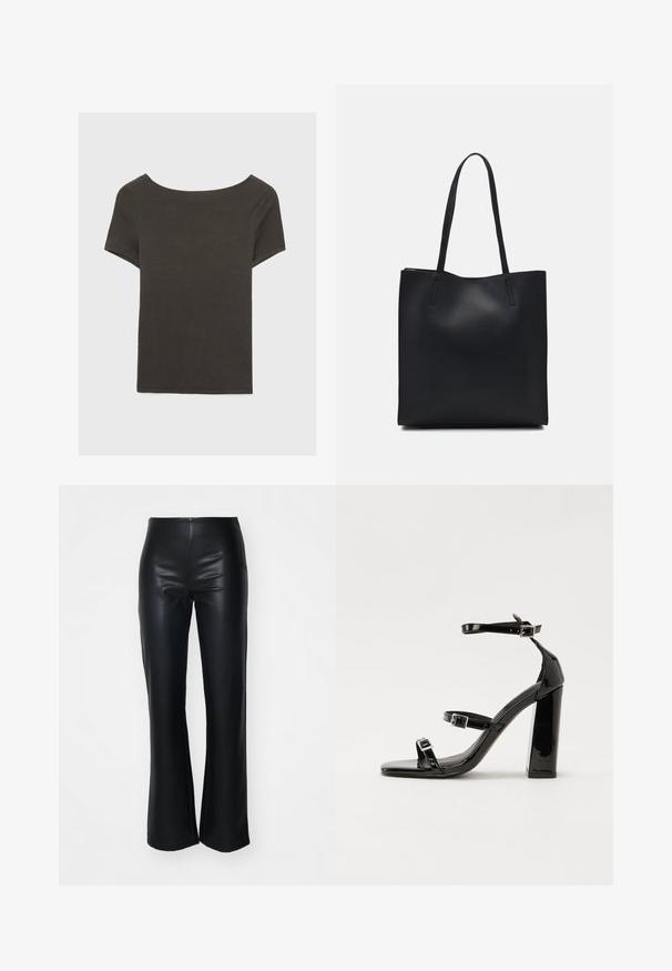 Czarna szara bluzka z krótkim rękawem i dekoltem w kształcie łódki. Wykonana z prążkowanej tkaniny, ma luźny krój i czyste wykończenie. Prosty design, bez wzorów.; Czarne faux skórzane spodnie dzwony o gładkiej teksturze, z dopasowanym stanem i lekko rozszerzanymi nogawkami, zaprojektowane z myślą o smukłej sylwetce.; Czarne lakierowane sandały na obcasie z kwadratowym noskiem, z paskami wokół kostki i srebrnymi klamrami. Posiadają masywny słupek dla stabilności.; Czarna skórzana torba tote o gładkiej fakturze, prostokątnym kształcie i dwóch długich uchwytach. Brak widocznych elementów metalowych i ozdób.