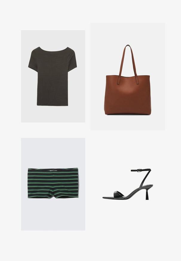 Czarna szara bluzka z krótkim rękawem i dekoltem w kształcie łódki. Wykonana z prążkowanej tkaniny, ma luźny krój i czyste wykończenie. Prosty design, bez wzorów.; Czarne szorty kąpielowe w poziome zielone paski. Posiadają dopasowany krój i elastyczną talię. Wykonane z rozciągliwego, gładkiego materiału.; Bershka - Sandały na obcasie; Brązowa skórzana torba tote o gładkiej fakturze, z otwartym wierzchem i dwoma ramiączkami. Charakteryzuje się minimalnym przeszyciem i brakiem widocznych elementów metalowych.