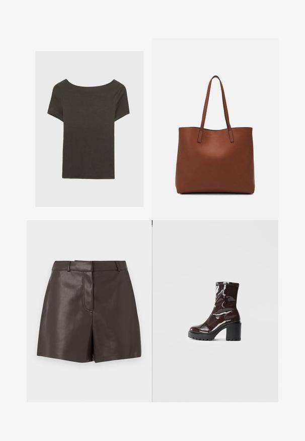 Top corto grigio scuro con scollatura a barca. Realizzato in tessuto a costine, presenta una vestibilità rilassata e un orlo pulito. Design semplice, senza motivi.; Pantaloni corti in pelle marrone con una texture liscia, dotati di una cucitura frontale, passanti per cintura e due tasche laterali. Progettati per una silhouette aderente.; Stivale alla caviglia bordeaux lucido con un tacco spesso nero, caratterizzato da una superficie liscia e un design semplice. Nessuna chiusura visibile o motivo.; Borsa tote in pelle marrone con texture liscia, design con apertura superiore e due spallacci. Presenta cuciture minime e nessun hardware visibile.