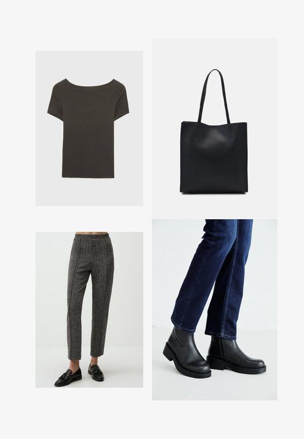 Donkergrijze top met korte mouwen en een bootnek. Gemaakt van ribbelstof, met een relaxte pasvorm en een nette zoom. Eenvoudig ontwerp, geen patronen.; Grijze broek met een patroon en een gladde textuur, met een hoge taille en rechte pijpen, gecombineerd met zwarte instappers.; Zwarte leren enkelboots met een dikke zool en zij-elastische panelen, gecombineerd met donkerblauwe jeans. De grond is lichtgekleurd.; Zwarte leren handtas met een gladde textuur, rechthoekige vorm en twee lange handvaten. Geen zichtbare hardware of versieringen.