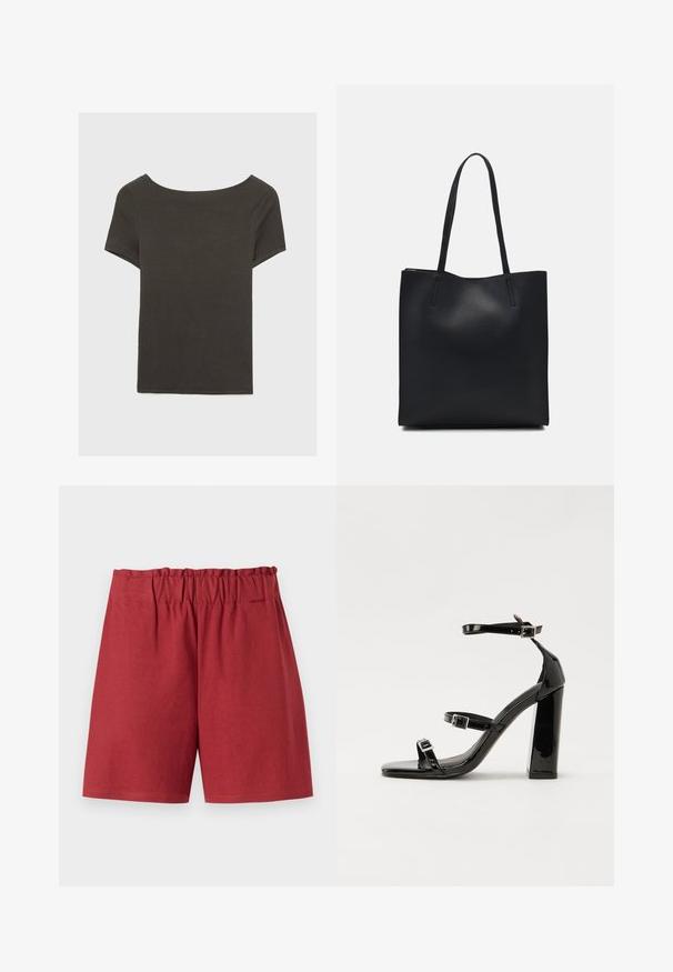 Czarna szara bluzka z krótkim rękawem i dekoltem w kształcie łódki. Wykonana z prążkowanej tkaniny, ma luźny krój i czyste wykończenie. Prosty design, bez wzorów.; Czerwone szorty z elastycznym pasem, charakteryzujące się luźnym krojem i gładką bawełnianą fakturą. Doły są proste, bez widocznych wzorów czy akcentów.; Czarne lakierowane sandały na obcasie z kwadratowym noskiem, z paskami wokół kostki i srebrnymi klamrami. Posiadają masywny słupek dla stabilności.; Czarna skórzana torba tote o gładkiej fakturze, prostokątnym kształcie i dwóch długich uchwytach. Brak widocznych elementów metalowych i ozdób.