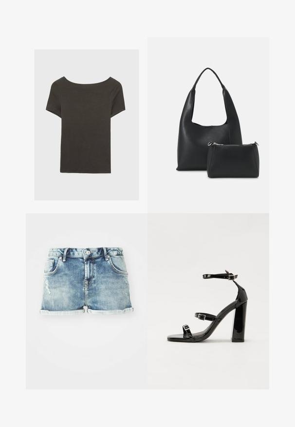 Czarna szara bluzka z krótkim rękawem i dekoltem w kształcie łódki. Wykonana z prążkowanej tkaniny, ma luźny krój i czyste wykończenie. Prosty design, bez wzorów.; Szorty dżinsowe w jasnoniebieskim kolorze, z podwiniętymi nogawkami, pięcioma kieszeniami i przetarciami, idealne na casualowy wygląd.; Czarne lakierowane sandały na obcasie z kwadratowym noskiem, z paskami wokół kostki i srebrnymi klamrami. Posiadają masywny słupek dla stabilności.; Even&Odd - Torebka
