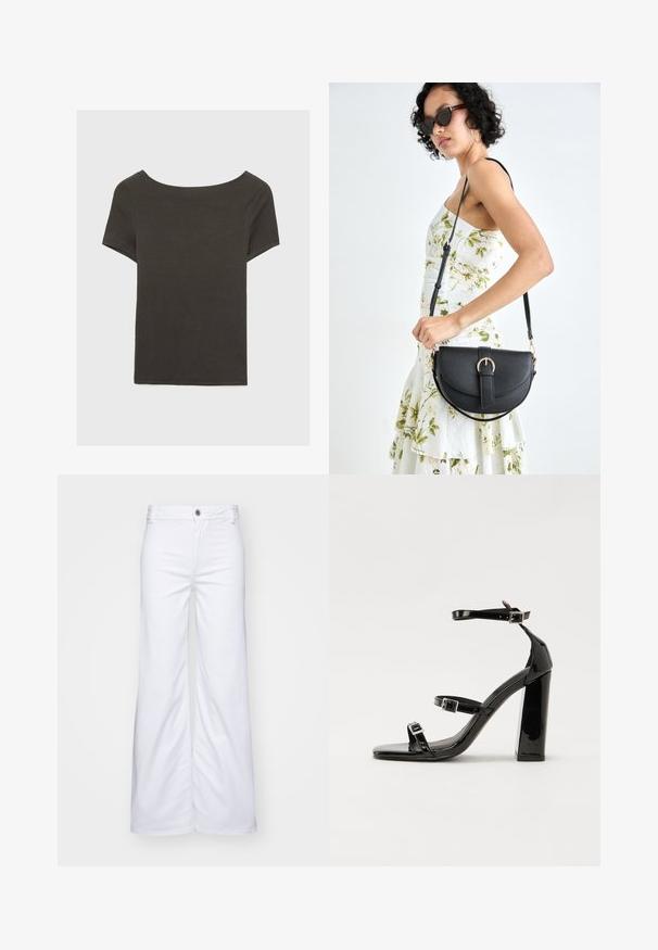 Tummanharmaa lyhythihainen paita, jossa on venepääntie. Valmistettu ribbikankaasta, jossa on rento istuvuus ja siisti helmaviimeistely. Yksinkertainen muotoilu, ilman kuvioita.; Valkoiset leveät farkutrikooset, joissa on napin suljenta ja vyölenkit. Sileä pinta, jossa on siistit ompeleet ja ilman kuvioita.; Musta kiiltävä korkokenkä sandaalit neliönmuotoisella varpaalla, nilkkaremmillä ja hopeisilla soljilla. Varustettu tukevalla lohkokorkealla vakauden takaamiseksi.; Musta nahkainen käsilaukku, joka on kaareva muotoilultaan, irrotettavalla hihnalla ja kultaisilla yksityiskohdilla. Laukussa on läppä, jossa on solk yksityiskohta.