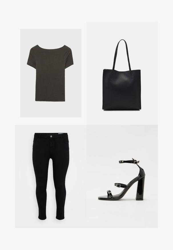 Temno siva kratka majica s čolnasto izrezom. Narejena iz rebraste tkanine, ki ima sproščen kroj in čist rob. Preprost dizajn, brez vzorcev.; Črne slim-fit hlače z zaklepanjem na gumb in zadrgo, sprednjimi in zadnjimi žepi ter zankami za pas na enobarvni beli ozadju.; Črne lakirane sandale s peto, kvadratnim prstom, trakovi okrog gležnja in srebrnimi zaponkami. Opremljene so s stabilno Debelo peto.; Črna usnjena torba s svilnato teksturo, pravokotne oblike in dvema dolgima ročajema. Brez vidnih metalnih delov ali okrasnih elementov.