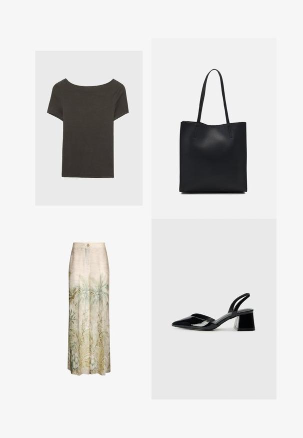 Haut à manches courtes gris foncé avec un col bateau. Fabriqué en tissu côtelé, il présente une coupe décontractée et un ourlet propre. Design simple, sans motifs.; Pantalons à jambes larges en tissu beige clair avec un imprimé de plante tropicale dans des tons de vert et de bleu doux, dotés d'une fermeture à bouton à la taille.; Escarpins en cuir verni noir avec bout pointu et talon bloc géométrique. Présente un design élégant et minimaliste ainsi qu'une texture lisse.; Sac fourre-tout en cuir noir avec une texture lisse, de forme rectangulaire et deux longues poignées. Pas de matériel ou d'ornementations visibles.
