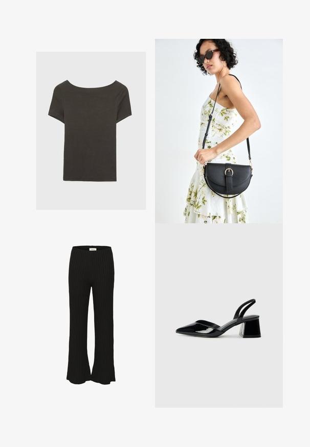 Czarna szara bluzka z krótkim rękawem i dekoltem w kształcie łódki. Wykonana z prążkowanej tkaniny, ma luźny krój i czyste wykończenie. Prosty design, bez wzorów.; Czarne, prążkowane spodnie z rozszerzonym dołem, z wysokim stanem. Tekstura wydaje się miękka i elastyczna, idealna do noszenia na co dzień.; Czarne lakierowane półbuty na obcasie z wydłużonym noskiem i geometrycznym słupkiem. Charakteryzują się eleganckim, minimalistycznym designem oraz gładką fakturą.; Czarna skórzana torebka o zakrzywionym kształcie, z odpinanym paskiem i złotymi akcentami. Torebka posiada klapę z zapięciem w kształcie klamry.
