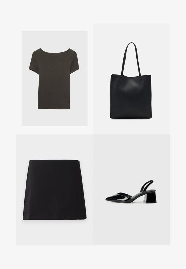 Dunkelgraues Kurzarmoberteil mit Bootsausschnitt. Hergestellt aus geripptem Stoff, mit lockerer Passform und sauberem Saum. Einfaches Design, ohne Muster.; Schwarzer, gerade geschnittener Minirock mit glatter Textur, flach auf einem weißen Hintergrund präsentiert.; Schwarze Lackleder-Slingback-High Heels mit spitzem Schuh und einem geometrischen Blockabsatz. Verfügt über ein schlankes, minimalistisches Design und eine glatte Textur.; Schwarze Laptoptasche aus Leder mit glatter Textur, rechteckiger Form und zwei langen Griffen. Keine sichtbaren Beschläge oder Verzierungen.