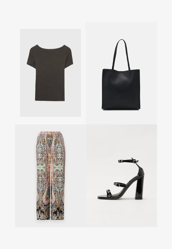 Tamno sivi kratki rukav s izrezom u obliku čamca. Izrađen od rebrastog materijala, s opuštenim krojem i ravnim rubom. Jednostavan dizajn, bez uzoraka.; Široke hlače s živopisnim cvjetnim paisley uzorkom na crnoj pozadini, s elastičnom strukom i opuštenim krojem.; Crne lakirane sandale na pete sa kvadratnim nosom, trakama oko gležnja i srebrnim kopčama. Imaju čvrst blok petu za stabilnost.; Crna kožna torba za nošenje s glatkom teksturom, pravokutnim oblikom i dvije duge ručke. Nema vidljivih metalnih dijelova ili ukrasa.