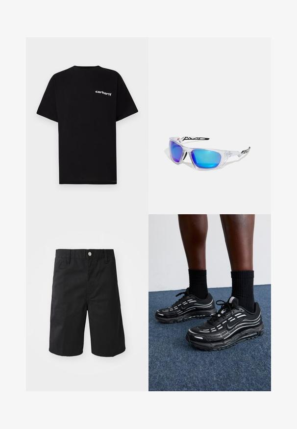 Black cotton t-shirt with short sleeves, crew neckline, and white "Carhartt" logo on the left chest. Smooth texture, minimal design.; Black cotton t-shirt with short sleeves, crew neckline, and white "Carhartt" logo on the left chest. Smooth texture, minimal design.; Black cotton shorts featuring a straight cut, belt loops, a metal button closure, and no visible patterns or accents.; Black Nike shoes feature a mesh upper with accent stripes, textured lacing, and a black rubber sole. Worn with black ribbed socks.; Sports sunglasses with clear frames, blue and purple mirrored lenses, angular design, and black accents on the temples.