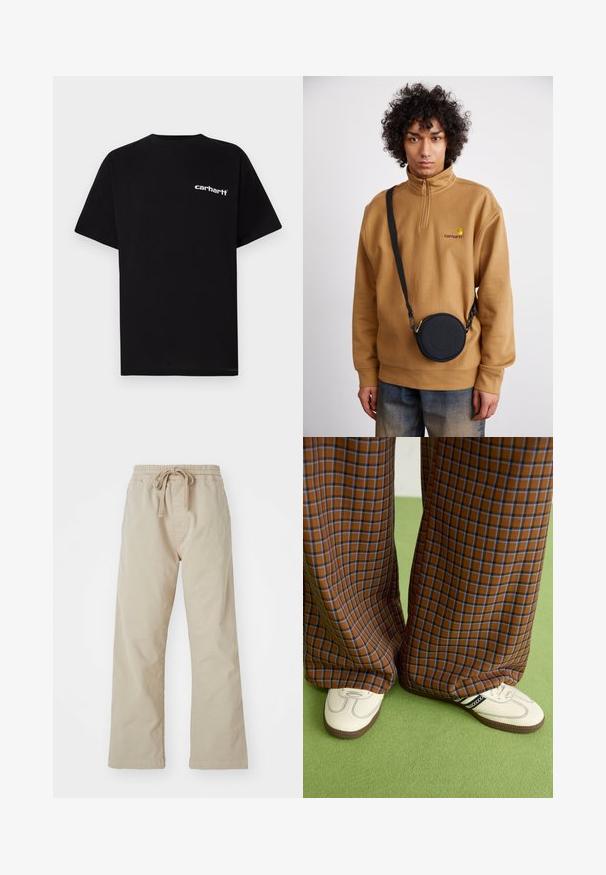 Čierne bavlnené tričko s krátkymi rukávmi, okrúhlym výstrihom a bielym logom "Carhartt" na ľavej strane hrudníka. Hladká textúra, minimalistický dizajn.; Béžové bavlnené nohavice s elastickým pásom a šnúrkou na stiahnutie. Rovný strih, hladká textúra a žiadne viditeľné vzory ani akcenty.; Hnedé a modré kárované nohavice s širokými nohavicami skombinované s bielymi topánkami s čiernymi akcentmi a textúrovanými podrážkami, umiestnené na zelenom pozadí.; Hnedý mikina s štvrťzipom z fleecu s vyšitým logom, so čiernou okrúhlou crossbody taškou so zipsom a detailom loga, nosená cez denim.