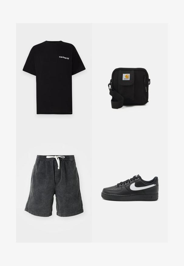T-shirt in cotone nero con maniche corte, scollo a girocollo e logo bianco "Carhartt" sul petto a sinistra. Texture liscia, design minimalista.; Bermuda in velluto a coste di colore grigio scuro con righe verticali. Presenta una vita elasticizzata con un laccetto bianco. Design casual adatto per il clima caldo.; Sneaker Nike Air Force 1 nere con tomaia in pelle liscia, accentuato da un logo bianco, punta perforata e suola in gomma testurizzata.; Borsa a tracolla nera con un compartimento principale con zip, tasca frontale, tracolla regolabile e una patch del logo visibile sul risvolto.