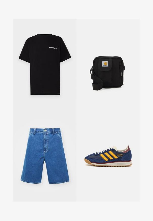 T-shirt in cotone nero con maniche corte, scollo a girocollo e logo bianco "Carhartt" sul petto a sinistra. Texture liscia, design minimalista.; Shorts in denim dal colore blu, dalla vestibilità ampia, vita media, con tasche frontali e chiusura a bottone. Dettagli di cucitura lungo le cuciture.; Sneaker in suede blu navy con strisce gialle, lacci bianchi e dettagli bordeaux. Suola testurizzata con scanalature per una maggiore aderenza. Logo del brand sul lato.; Borsa a tracolla nera con un compartimento principale con zip, tasca frontale, tracolla regolabile e una patch del logo visibile sul risvolto.