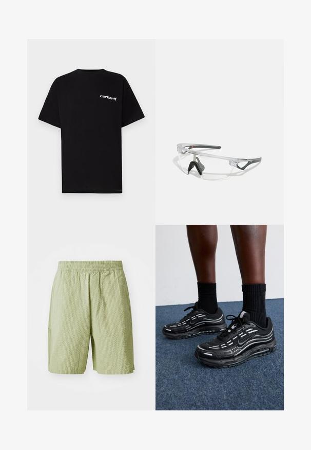 Tricou negru din bumbac cu mâneci scurte, decolteu rotund și logo-ul alb "Carhartt" pe pieptul stâng. Textură netedă, design minimalist.; Pantaloni scurți de culoare verde deschis, confecționați dintr-un material texturat, cu un elastic la talie și buzunare laterale. Designul include un model discret în formă de vafe.; Pantofii negri Nike au un superior din plasă cu dungi accentuate, șireturi texturate și o talpă din cauciuc negru. Purtați cu șosete negre cu model rib. ; Ochelari de protecție clari, cu o ramă ușoară și transparentă, având accente gri. Prezintă un design în jurul feței și un suport pentru nas ajustabil.