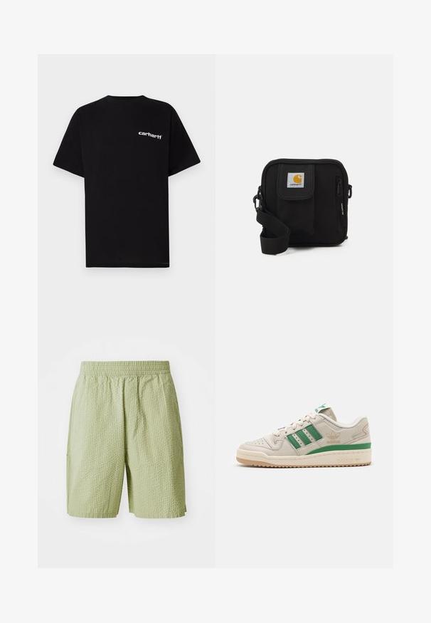 T-shirt en coton noir à manches courtes, col rond, avec le logo blanc "Carhartt" sur la poitrine gauche. Texture lisse, design minimaliste.; Shorts vert clair en tissu texturé, dotés d'une taille élastique et de poches latérales. Le design comprend un motif gaufré subtil.; Baskets Adidas avec une tige en cuir beige, des rayures vertes et une semelle en caoutchouc. Elles disposent d'un col rembourré et d'un bout perforé pour la respirabilité.; Sac bandoulière noir avec un compartiment principal zippé, une poche frontale, une sangle ajustable et un patch logo visible sur le rabat.