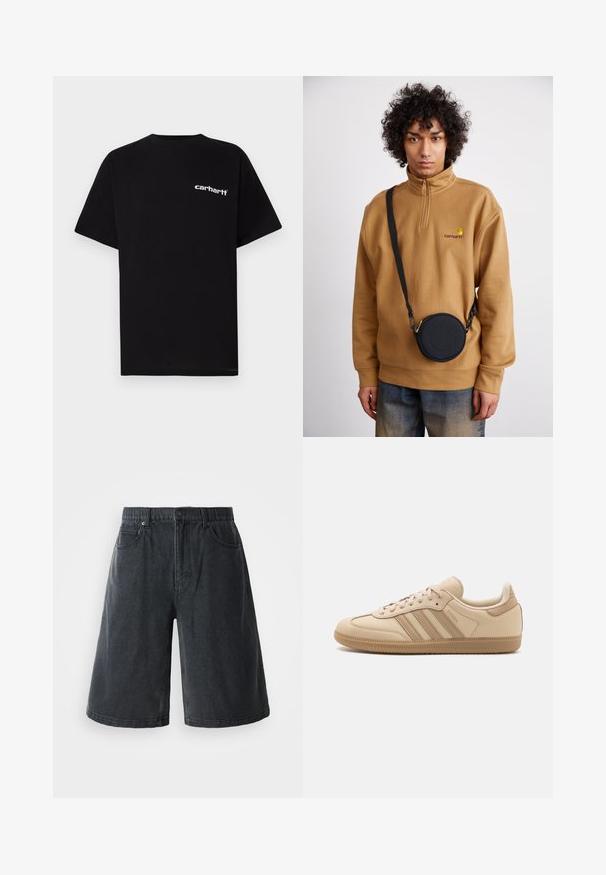 Juoda medvilninė marškinėliai su trumpomis rankovėmis, apvalia apykakle ir baltu „Carhartt“ logotipu ant kairės krūtinės. Lygus paviršius, minimalistinis dizainas.; Tamsiai pilki džinsiniai šortai, turintys laisvą prigludimą, penkis kišenes ir juosmens juostą su diržo kilpomis. Medžiaga turi lygų paviršių.; Šviesiai rudos spalvos odiniai sportbačiai su trimis horizontaliomis juostelėmis, apvaliu nosiu, plokščiu rudu guminiu padu ir minkštu audiniu apdailoje ant apykaklės ir liežuvėlio.; Rudas ketvirčio užtrauktuko vilnos švarkas su siuvinėtu logotipu, derinamas su juodu apvaliu per petį nešiojamu krepšiu su užtrauktuku ir logotipo detale, dėvimas virš džinsų.