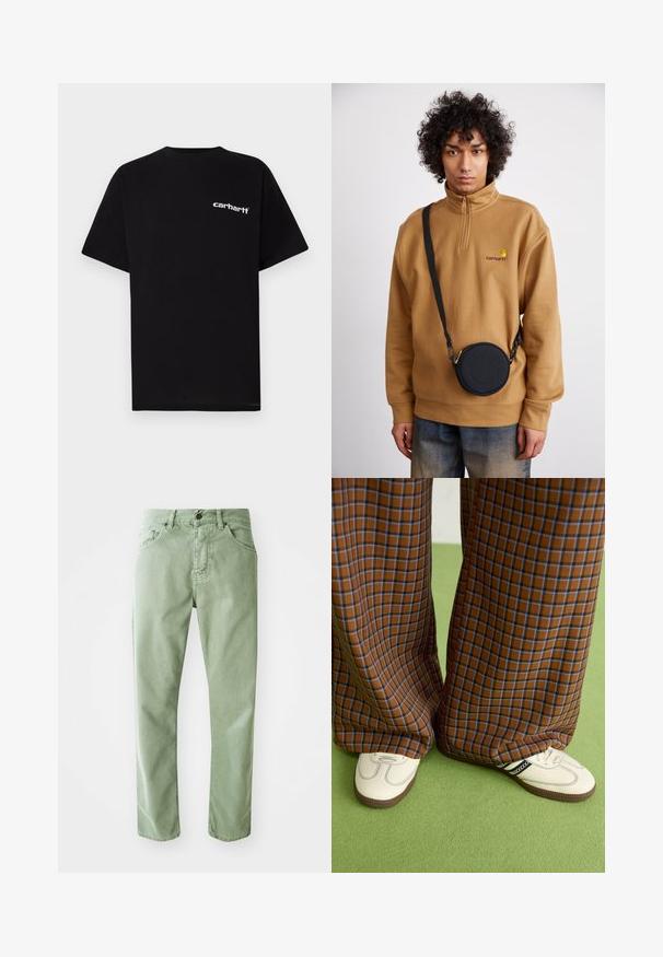 T-shirt preta de algodão com mangas curtas, decote redondo e logótipo branco "Carhartt" no peito esquerdo. Textura suave, design minimalista.; Jeans de ganga verdes com corte recto, cinco bolsos e fecho frontal com botão. Apresentam uma textura subtil e um acabamento limpo.; Calças largas em padrão xadrez castanho e azul, combinadas com sapatos brancos com detalhes pretos e solas texturizadas, contra um fundo verde.; Sweatshirt de felpa castanho com zíper de um quarto e logótipo bordado, acompanhado de uma mala crossbody preta com fecho e detalhe do logótipo, vestida sobre uns jeans.