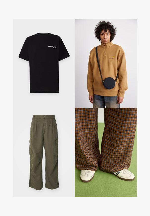 Juoda medvilninė marškinėliai su trumpomis rankovėmis, apvalia apykakle ir baltu „Carhartt“ logotipu ant kairės krūtinės. Lygus paviršius, minimalistinis dizainas.; Olive žalių spalvos krovinių kelnės, pagamintos iš medvilnės, su plačiomis kojomis, raukšlėmis ir šoninėmis kišenėmis praktiškumui.; Rudos ir mėlynos langelinės plačios kelnės, derinamos su baltais batais su juodais akcentais ir tekstūruotais padais, prieš žalią foną.; Rudas ketvirčio užtrauktuko vilnos švarkas su siuvinėtu logotipu, derinamas su juodu apvaliu per petį nešiojamu krepšiu su užtrauktuku ir logotipo detale, dėvimas virš džinsų.