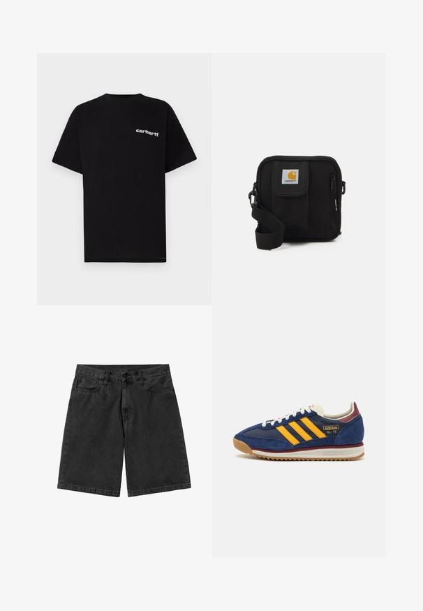 Fekete pamut rövid ujjú póló kerek nyakkivágással és fehér "Carhartt" logóval a bal mellrészen. Simaszövetű, letisztult dizájn.; Fekete farmer rövidnadrág egyenes lábvonallal, öt zsebbel és gombos záródással. Sima textúra minimális kopással és varrási részletekkel.; Sötétkék velúr sportcipő sárga cscsíkokkal, fehér fűzőkkel és bordeaux vörös kiegészítőkkel. Texturált talp barázdákkal a tapadás érdekében. Márkajelzés az oldalon.; Fekete keresztbody táska cipzáras főrekesszel, elülső zsebbel, állítható pánttal és látható logóval a fedélen.