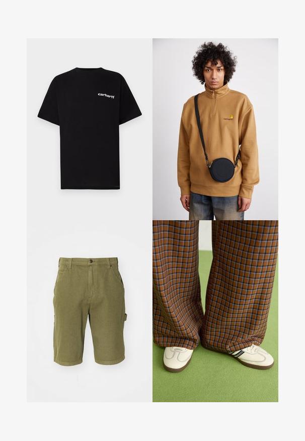 Musta puuvillainen t-paita, jossa on lyhyet hihat, pyöreä pääntie ja valkoinen "Carhartt"-logo vasemmassa rinnassa. Sileä pinta, minimalistinen design.; Olivevihreät puuvillaiset cargo-shortsit, joissa on nappikiinnitys, vyölenkit, sivutaskut ja hieman teksturoitu kangaspinta.; Ruskonsin ja sininen ruutukuvioinen leveälahkeinen housut yhdistettynä valkoisiin kenkiin, joissa on mustia yksityiskohtia ja tekstuuripohjat, vihreää taustaa vasten.; Ruskea neljännesvetoketjullinen fleecesweater, jossa on brodeerattu logo, mustan pyöreän olkalaukun kanssa, jossa on vetoketju ja logotiedot, käytetty farkkujen päällä.