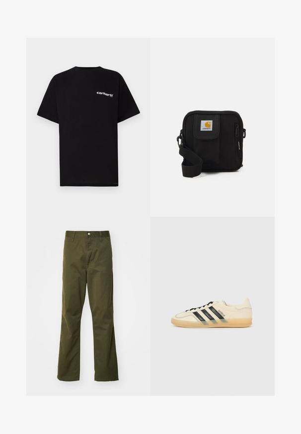 T-shirt in cotone nero con maniche corte, scollo a girocollo e logo bianco "Carhartt" sul petto a sinistra. Texture liscia, design minimalista.; Pantaloni in cotone verde oliva con design a gamba dritta. Presentano una chiusura frontale con bottone e un classico stile a cinque tasche.; Sneaker di colore crema chiaro con design a tre strisce nere, tomaia testurizzata, punta rotonda e suola in gomma. Presenta lacci e branding sul lato.; Borsa a tracolla nera con un compartimento principale con zip, tasca frontale, tracolla regolabile e una patch del logo visibile sul risvolto.