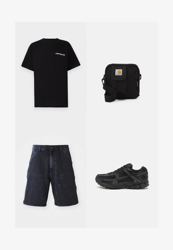 Fekete pamut rövid ujjú póló kerek nyakkivágással és fehér "Carhartt" logóval a bal mellrészen. Simaszövetű, letisztult dizájn.; Sötét farmer rövidnadrág, egyenes szabással, nagy elülső zsebekkel és gombos záródással; sima tapintás és minimális varrási részletek.; Fekete sportcipő, hálós felsőrésszel, gumitalppal és texturált részletekkel. A dizájn kiemelkedő fűzőrendszert és párnázott talpat tartalmaz.; Fekete keresztbody táska cipzáras főrekesszel, elülső zsebbel, állítható pánttal és látható logóval a fedélen.