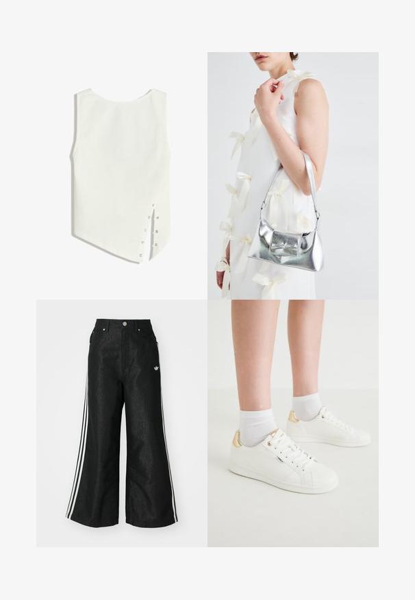 Weißes ärmelloses Oberteil mit einem runden Halsausschnitt, asymmetrischem Saum und Druckknöpfen an der Seite zum Schließen. Glattes, leichtes Material.; Schwarze, weit geschnittene Jeans mit drei weißen Streifen an jeder Seite und einem kleinen weißen Logo. Mit vorderen Taschen und einem Knopfverschluss.; Weiße Sneakers mit glatter Oberfläche, die an der Ferse einen goldenen Akzent haben, mit Schnürung vorne und minimalistischem Design. Kombiniert mit weißen Socken.; Silberne metallische Handtasche mit strukturierter Form, ausgestattet mit einem oberen Griff und einer Schleifenapplikation auf der Vorderseite. Glatte Textur, reflektierendes Finish.
