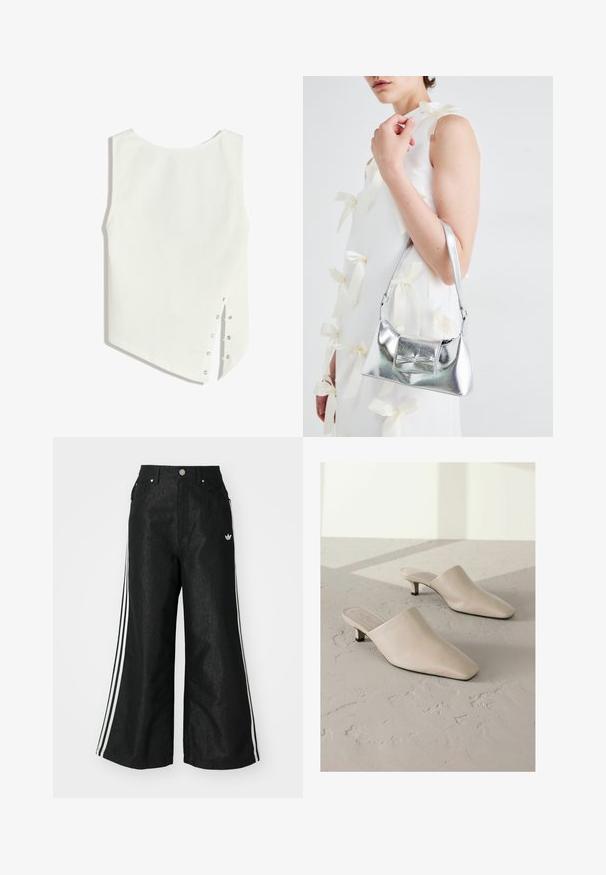 Vit ärmlös topp med rundad halsringning, asymmetrisk fåll och tryckknappar på sidan för stängning. Slät, lätt vikt tyg.; Svarta vida denimbyxor med tre vita ränder på varje sida och en liten vit logotyp. Har framfickor och knäppning med knapp.; Beiga lädermules med spetsig tå och låg svart klack. Slät textur, slip-on design, minimalistisk silhuett, inga synliga mönster.; Silver metallic handväska med en strukturerad form, utrustad med ett handtag upptill och en rosettdetalj på framsidan. Slät textur, reflekterande finish.